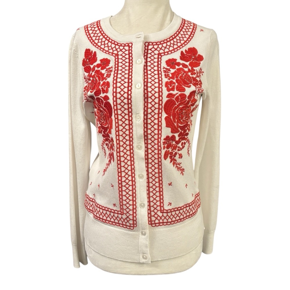 Charter Club White with Red Floral Embroidery Button up Sweater Small